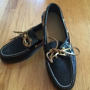 Sperry  Top spiders, black leather, Sz 6, NEW